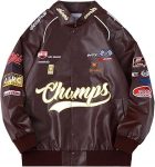 Oversized faux leather motorcycle jacket with racing patches in USA