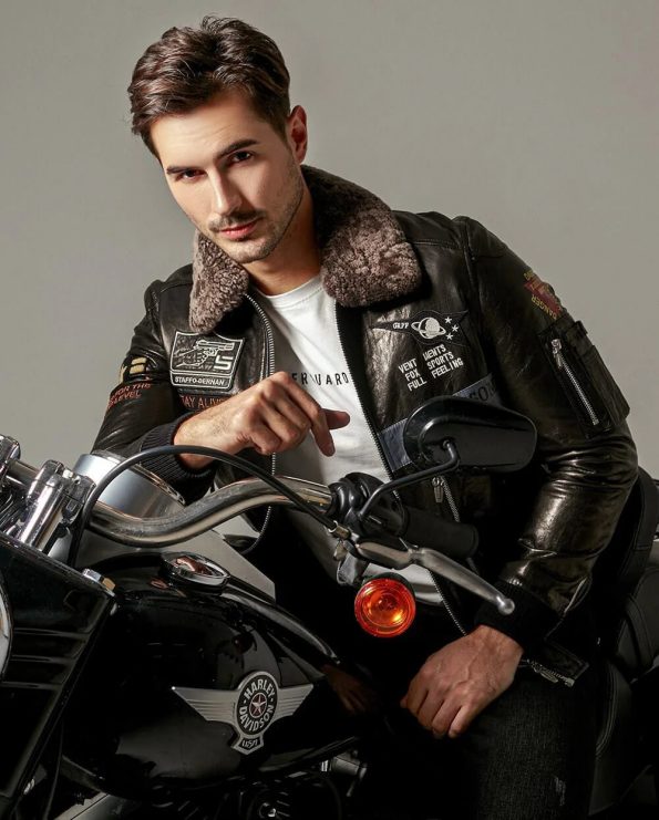 Fur collar black leather jacket for men in USA