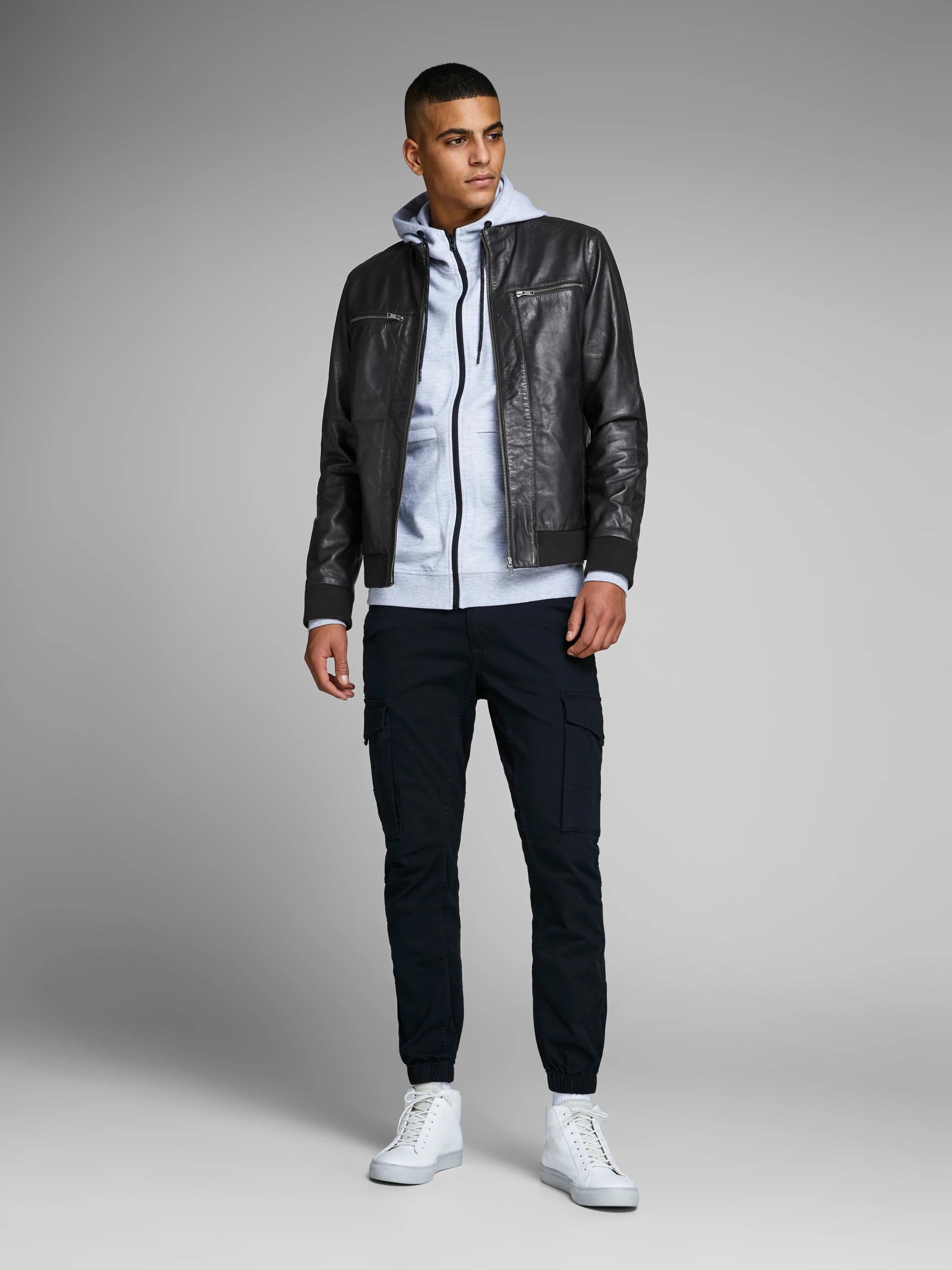 Astounded Black Rib Leather Jacket For Men