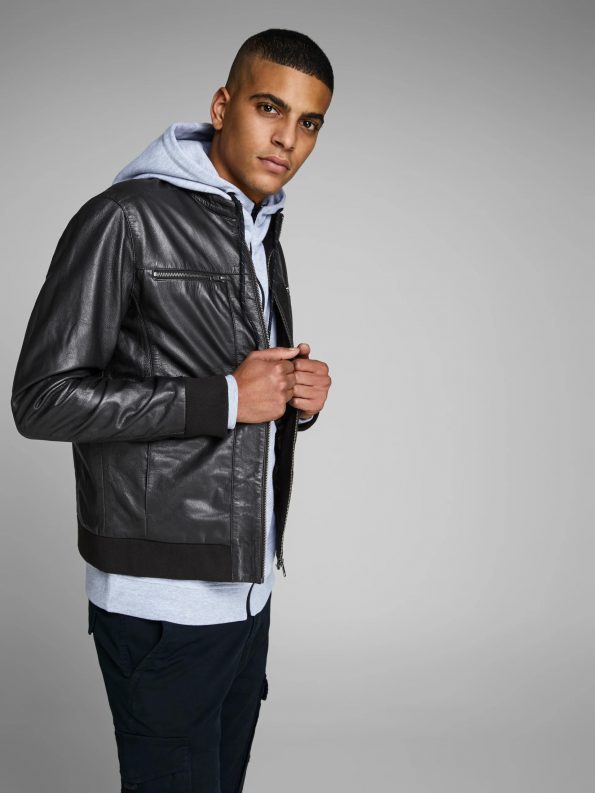 Black Astounded Rib Leather Jacket For Men