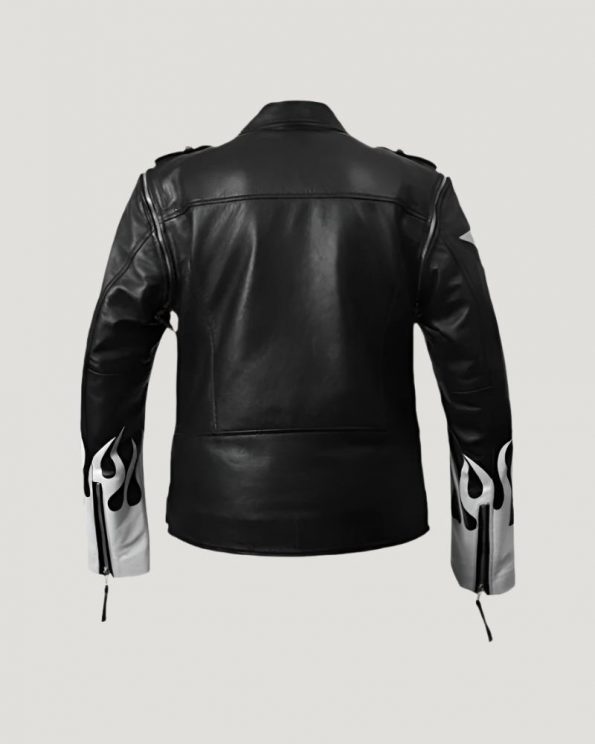 Flaming Hot Black Leather Jacket in White Accents in UK style