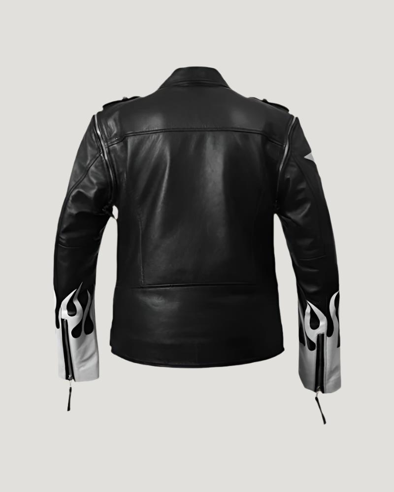 Flaming Hot Black Leather Jacket in White Accents in UK style
