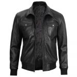 Black men's leather bomber jacket with hood