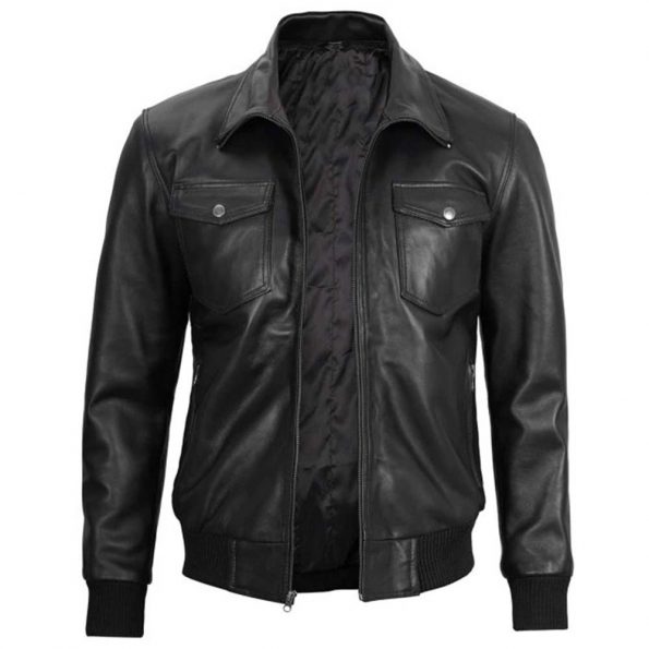 Black men's leather bomber jacket with hood