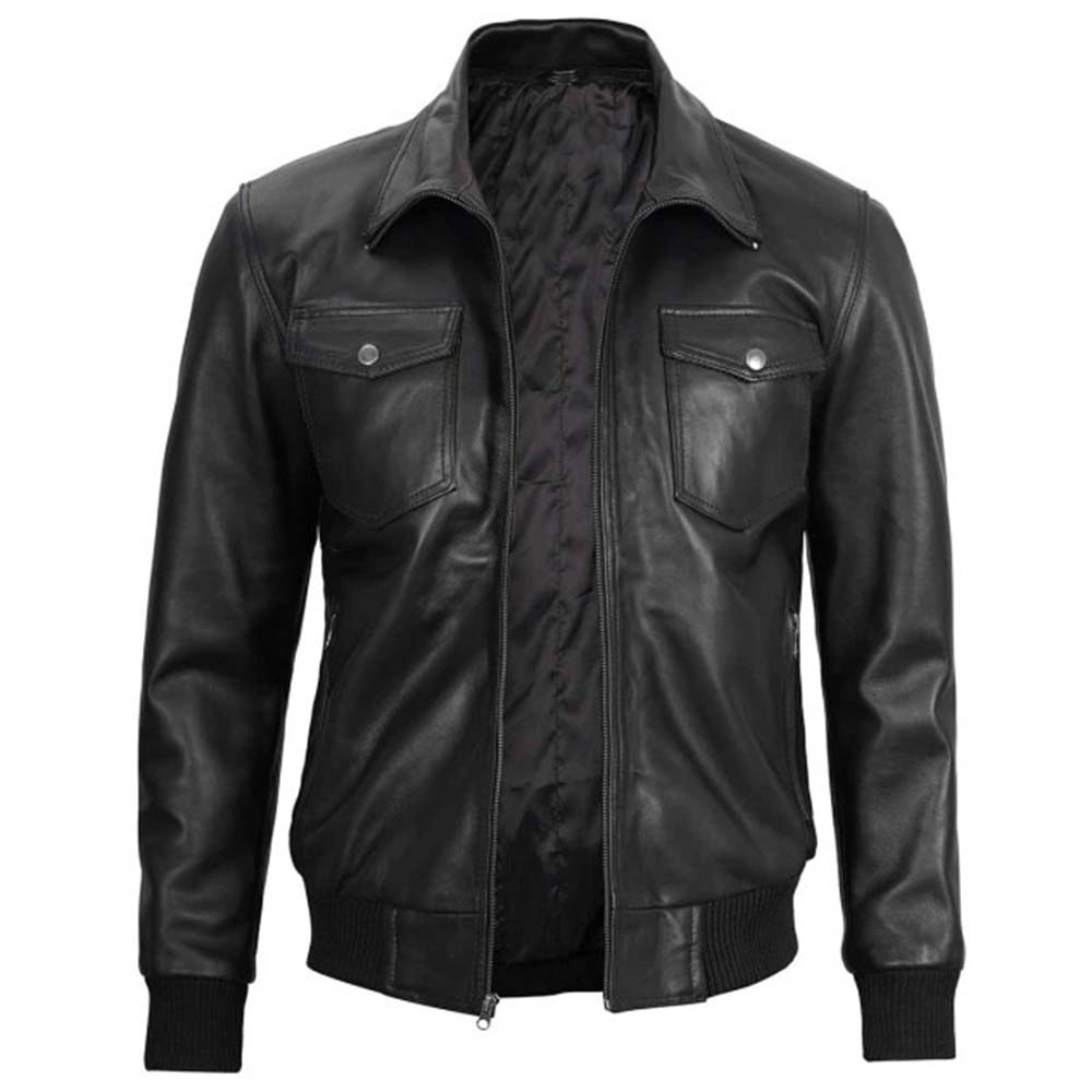 Black men's leather bomber jacket with hood