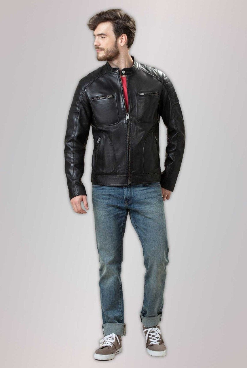 Black Bomber TWIRF Sheep Skin Decant Leather Jacket in men