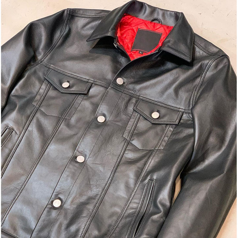 Trendy black leather trucker jacket for men in USA