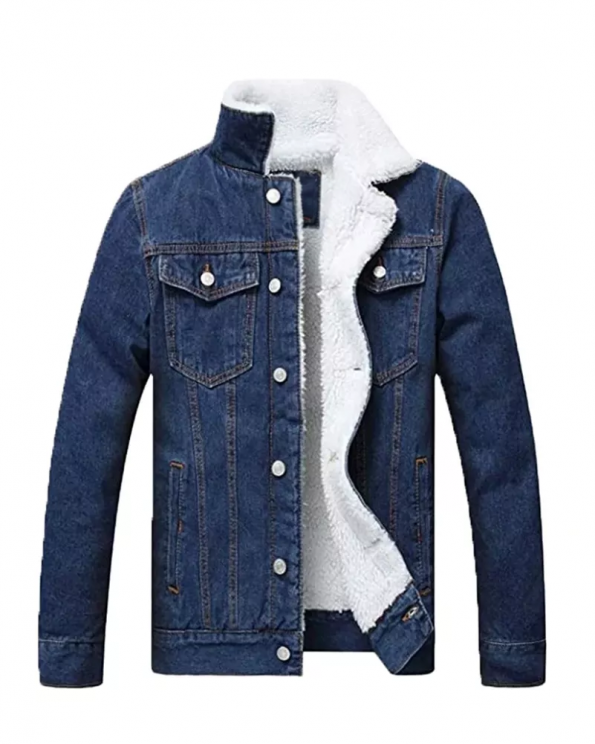 Blue Shearling Lined Denim Jacket for Men