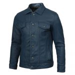 Blue washed leather trucker jacket for men in USA