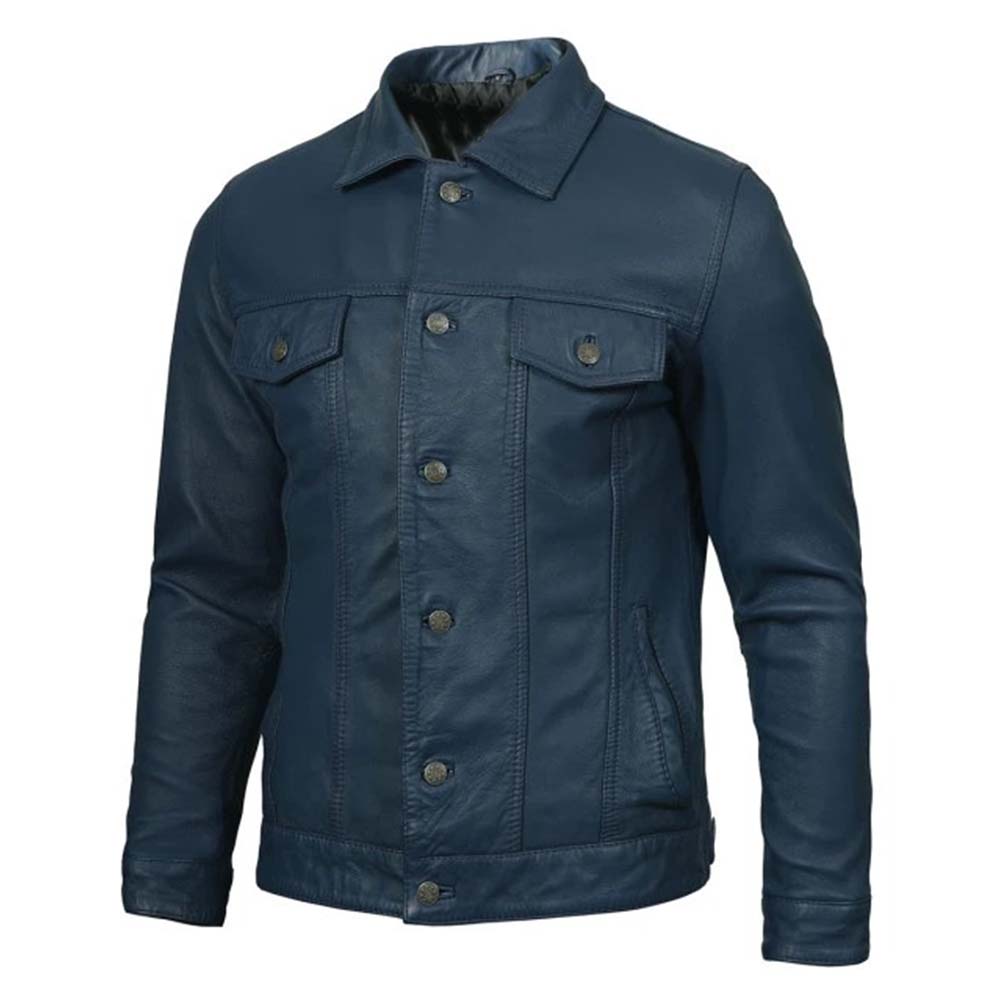 Blue washed leather trucker jacket for men in USA