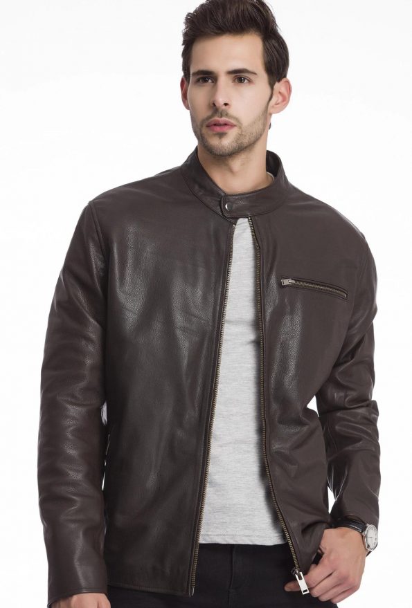Bomber round collar Leather Jacket for men
