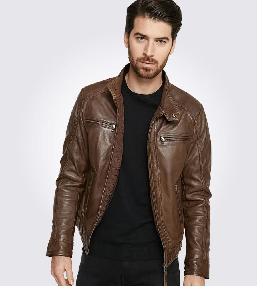 Dark brown hooded motorcycle leather jacket in USA