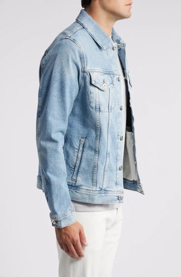 Dart denim trucker jacket featuring signature button front in USA