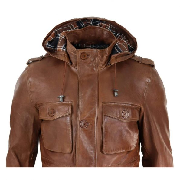 Breathable men's leather safari jacket with button and zip closure