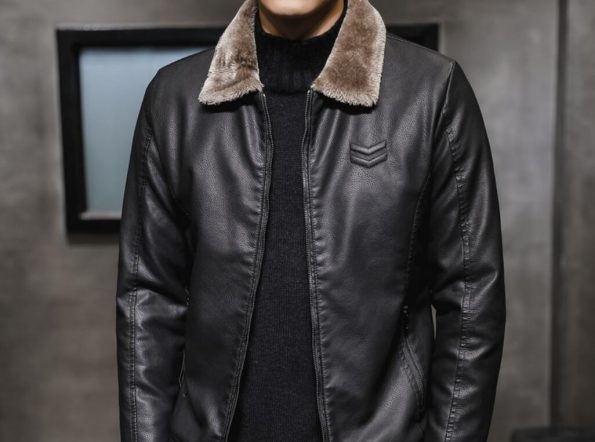 Faux fur thick black leather men