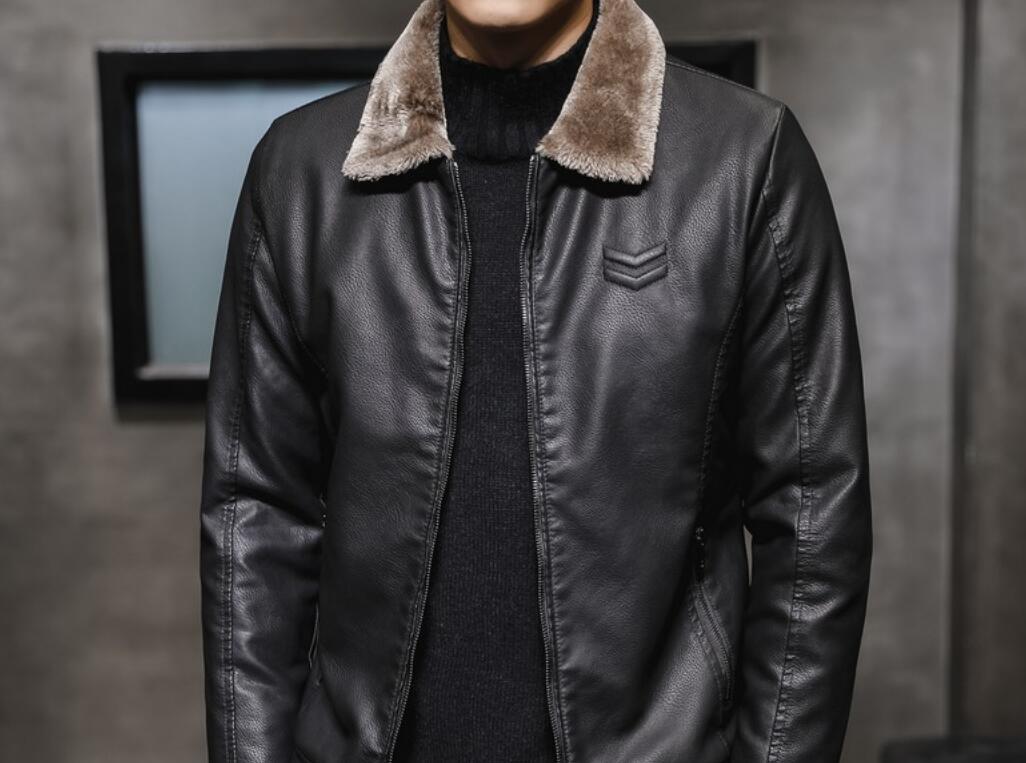 Faux fur thick black leather men