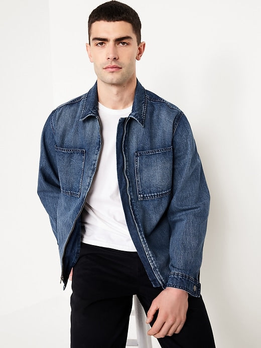 Durable denim chore jacket with utility pockets in USA