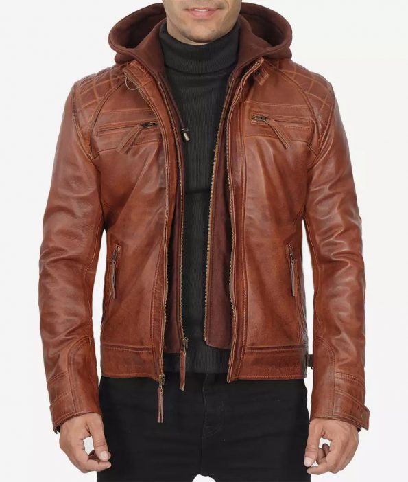 Men's urban style jacket: tan waxed leather with removable hood in American market