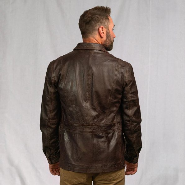 Vintage-inspired leather barn coat with antique brass buttons