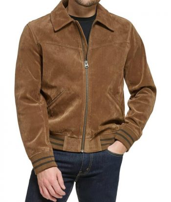 Mac Men’s Cognac Real Suede Bomber Jacket front view in USA