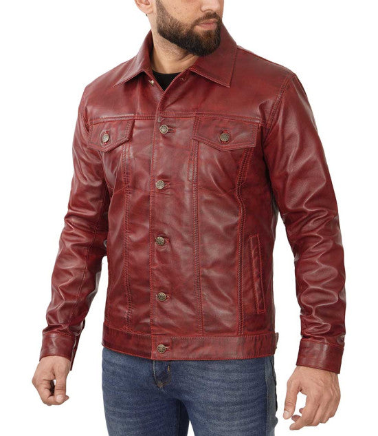 Stylish maroon leather trucker jacket by ASO in France style