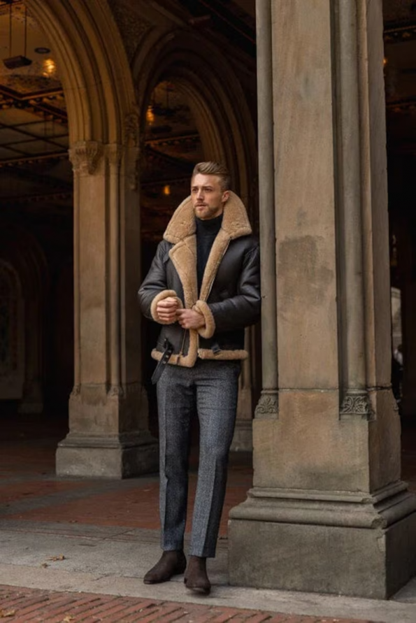 Men’s shearling leather jacket in a classic B3 aviator style in France style