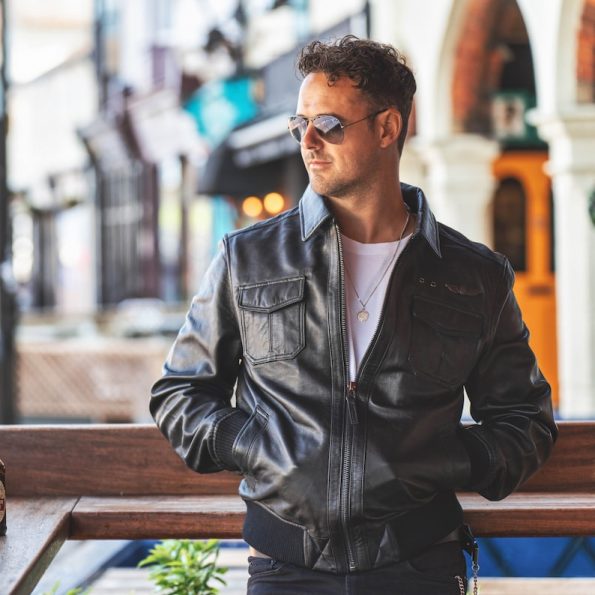 Top Gun inspired black leather bomber jacket for bikers in USA