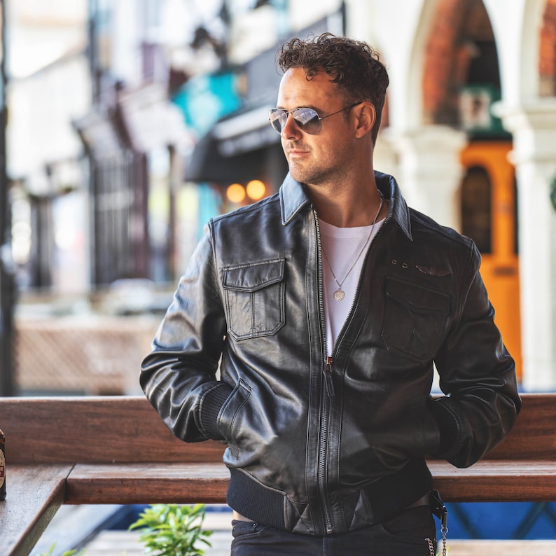 Top Gun inspired black leather bomber jacket for bikers in USA