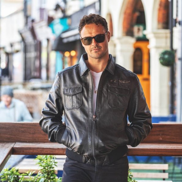Retro sheepskin leather aviator jacket for motorcycle wear in USA