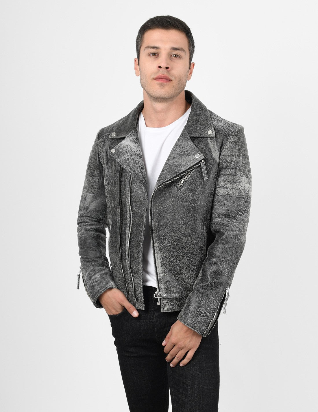 MOZRI Lambskin Crackle Leather Jacket for Men's