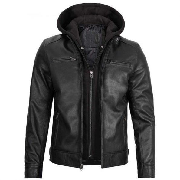 Stylish Black Leather Jacket for Men with Detachable Hoodie in USA