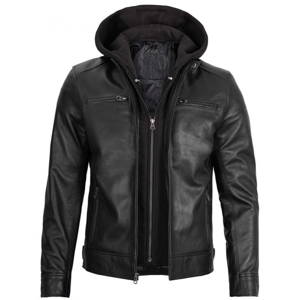 Stylish Black Leather Jacket for Men with Detachable Hoodie in USA