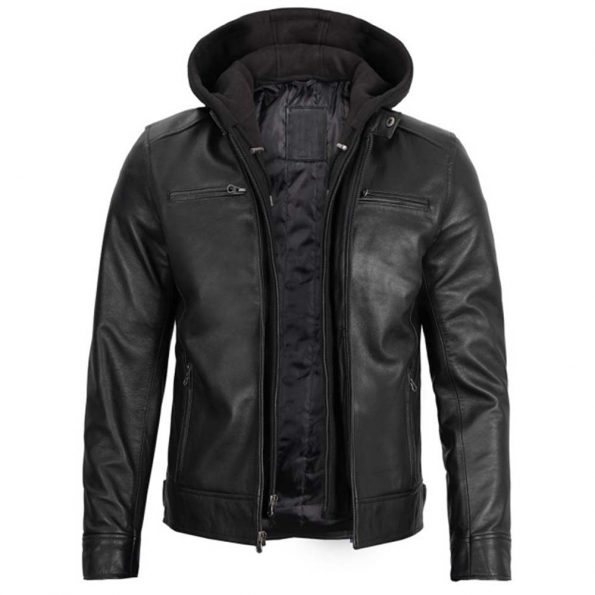 Durable Black Leather Jacket for Men with Detachable Hood in American style