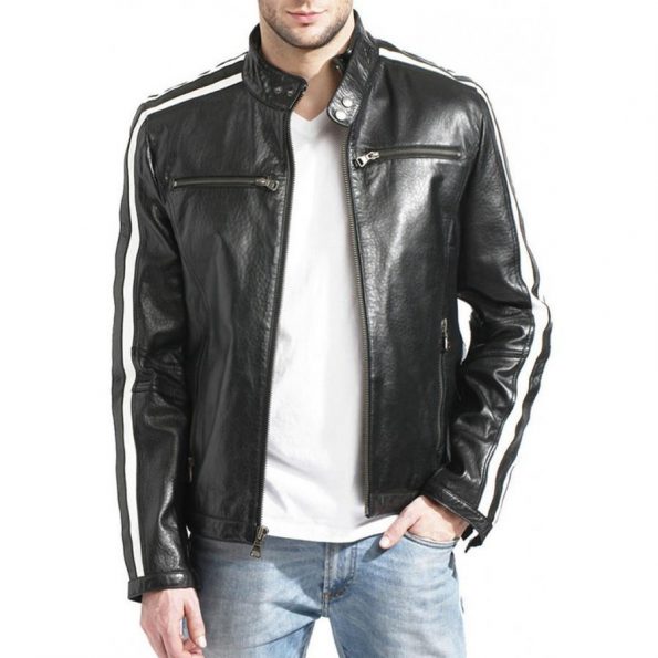 Men's Black and White Stripe Moto Racer