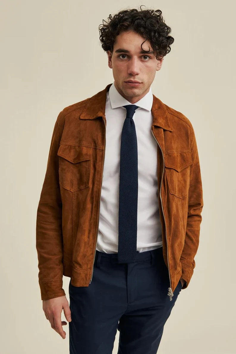 Men's Brown Genuine Suede Soft Leather Jacket with Classic Style in USA