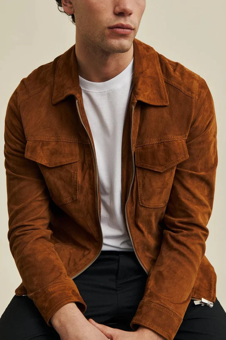 Premium Men's Brown Soft Suede Leather Jacket for Casual Wear in American Style