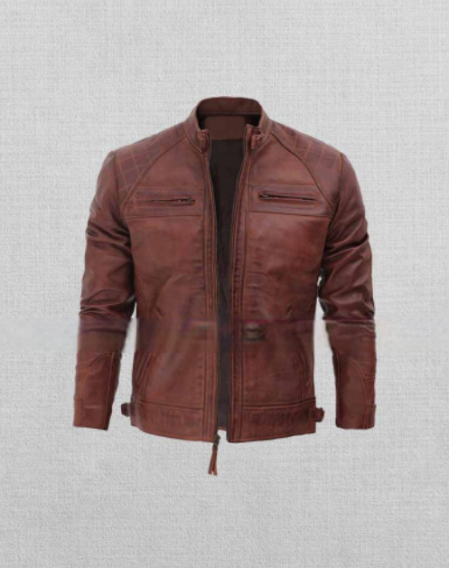 Men's Brown Motorcycle Leather Jacket with Classic Design in USA