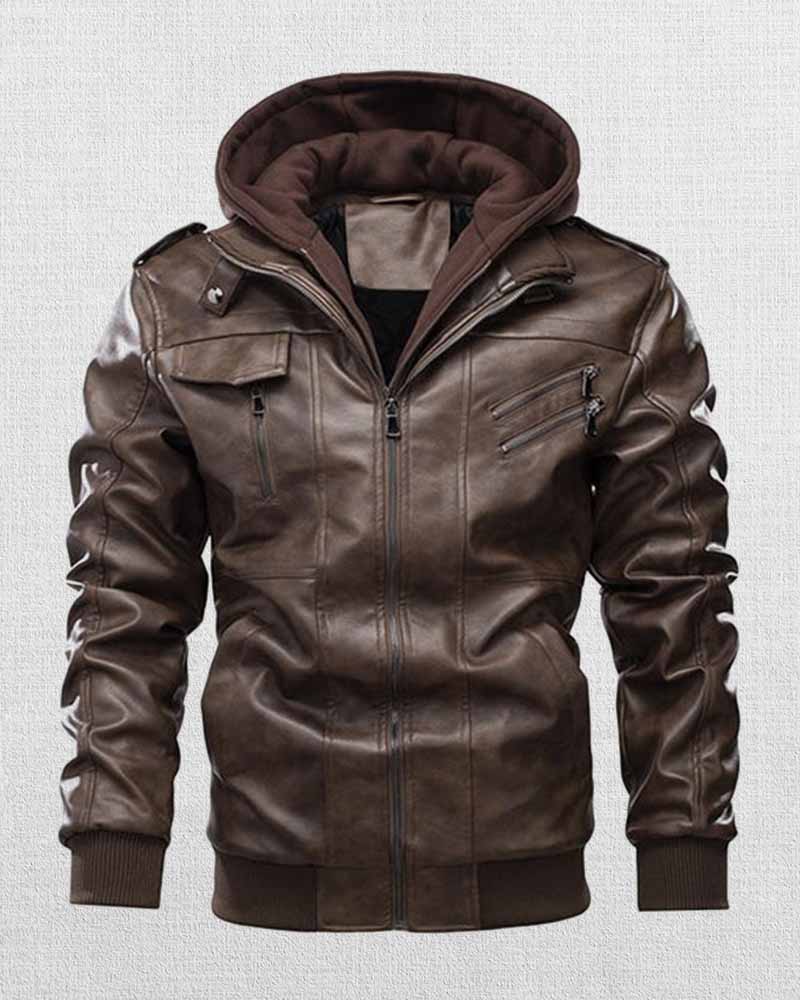 Stylish casual men's leather jacket with hood and pockets in USA