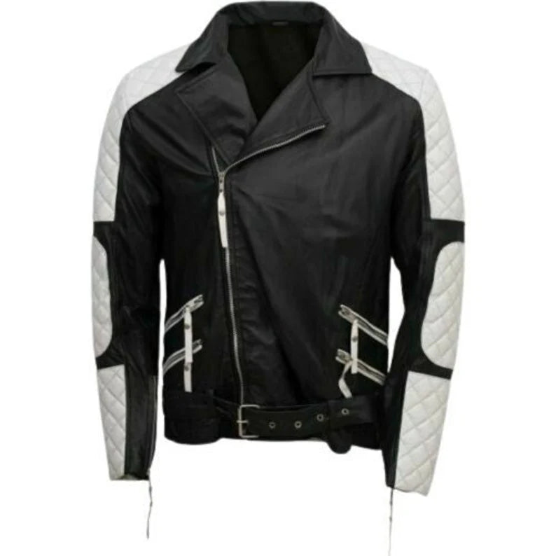 Men's Lambskin Black and White Leather Jacket with Modern Design in USA