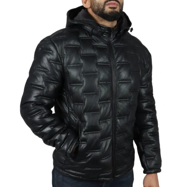 Men's hooded leather puffer jacket with functional pockets