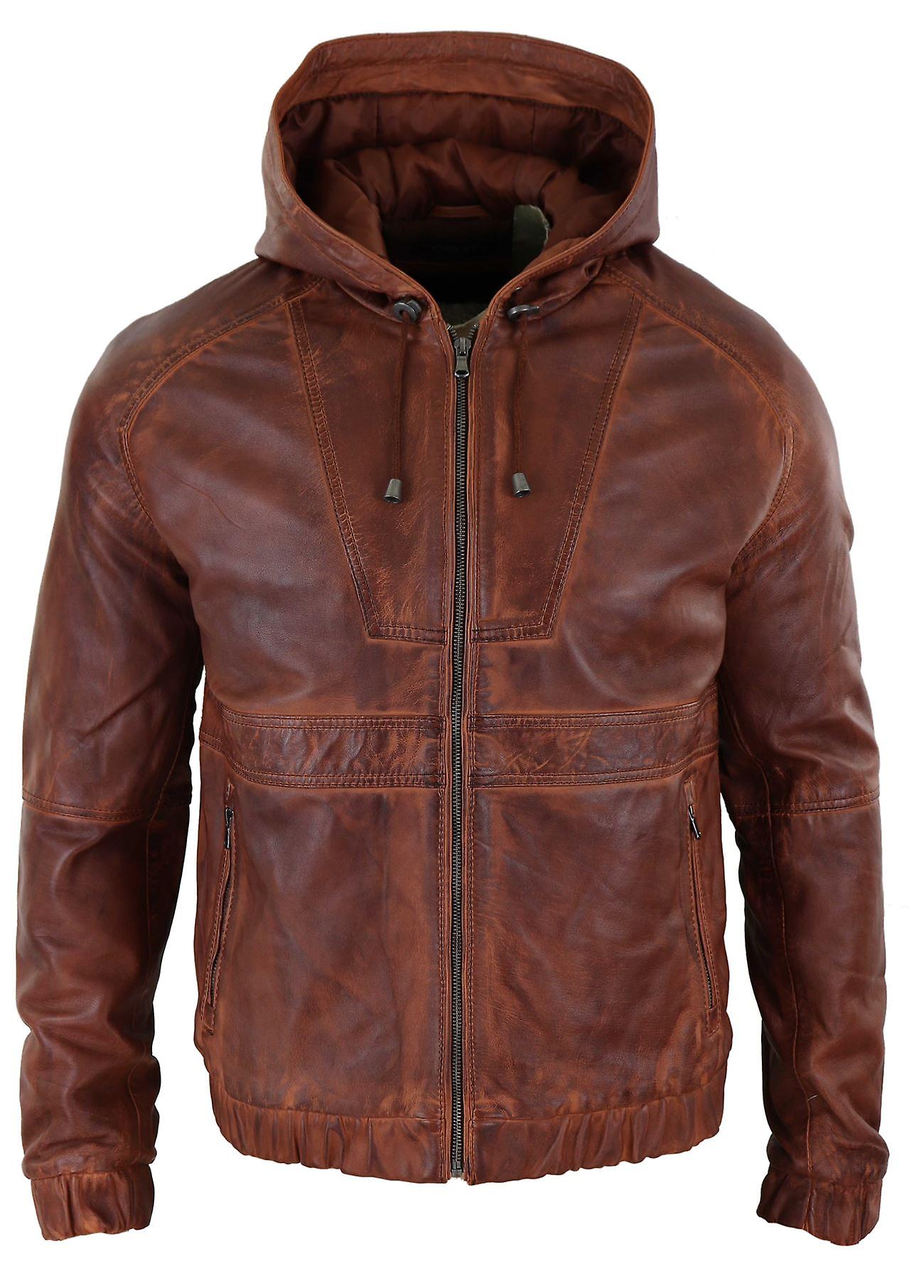 Men’s real leather bomber jacket with hood