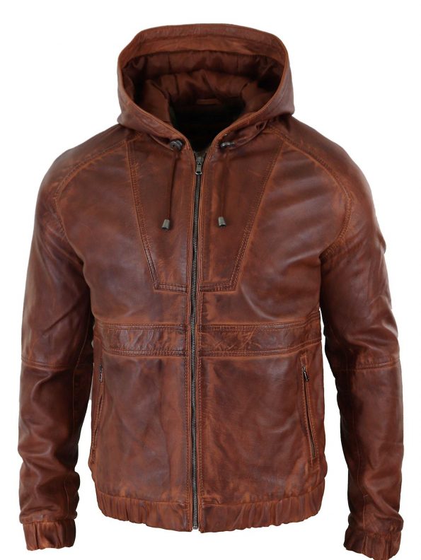 Black leather bomber jacket for men front view