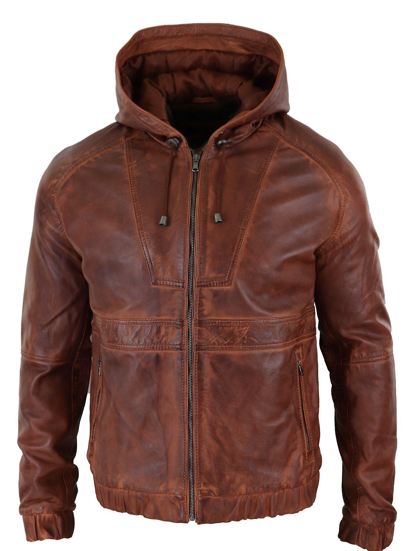 Black leather bomber jacket for men front view