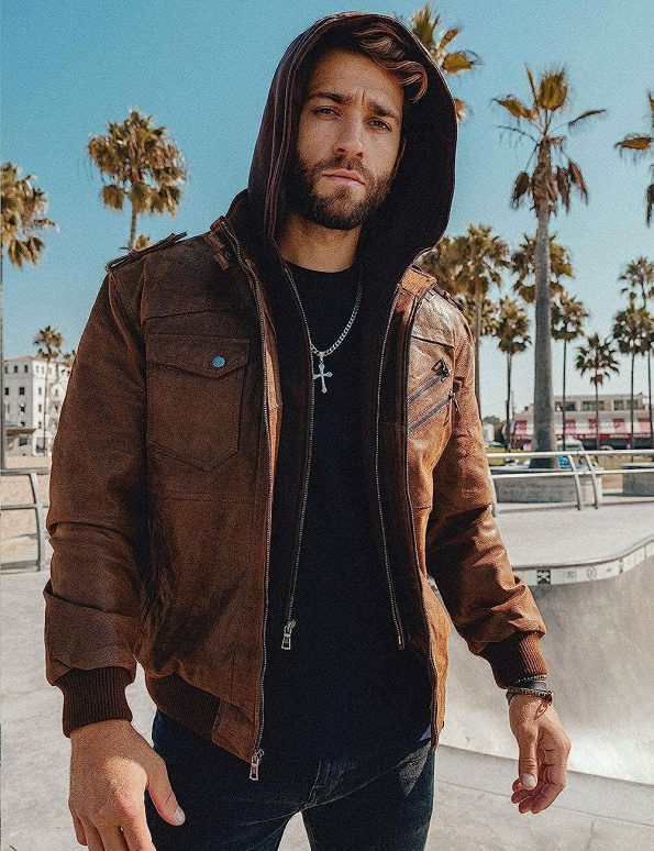 Premium Men's Genuine Leather Jacket in Brown with Detachable Hood in American Style