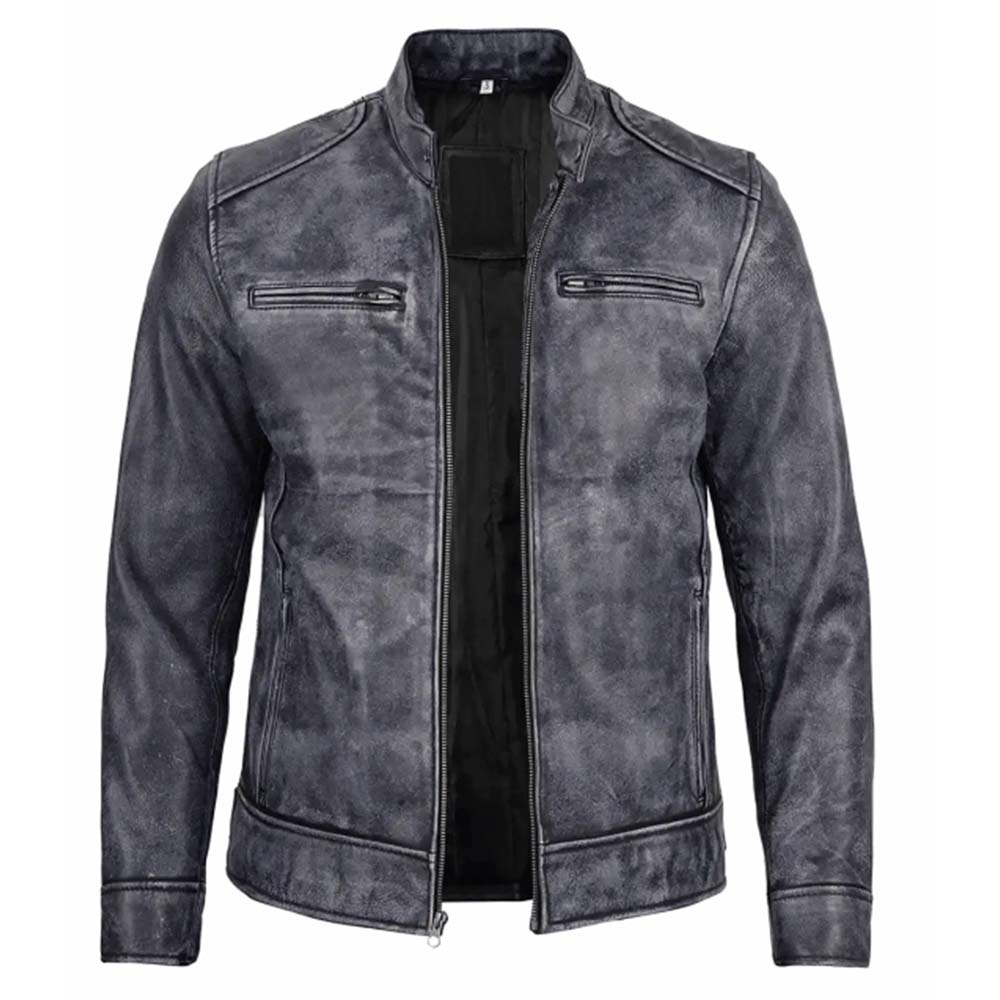 Men's Dodge black and white waxed racer leather jacket in USA