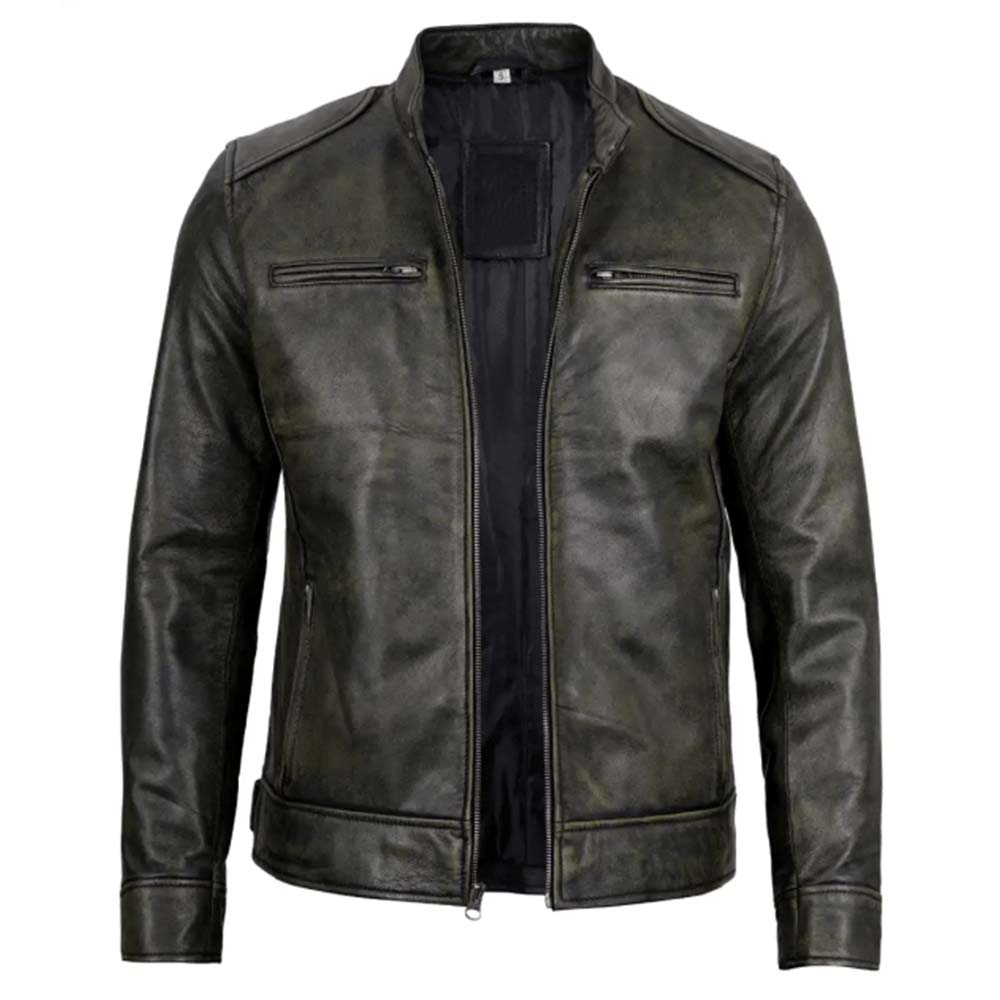 Men's Dodge black waxed racer leather jacket in USA