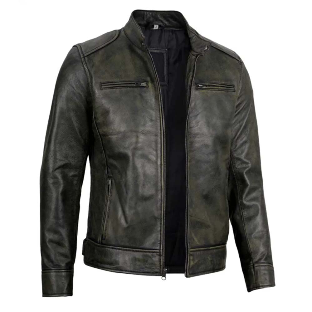 Stylish black waxed leather racer jacket for men in American Market