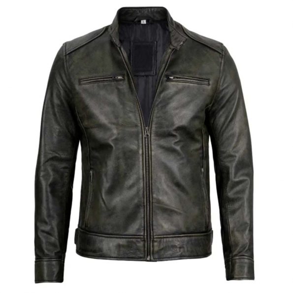 Men's waxed leather racer jacket in sleek black in USA