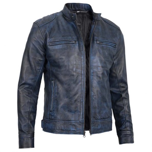 Men's Dodge blue waxed cafe racer leather jacket in USA