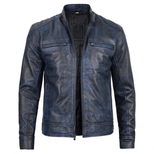 Stylish Dodge-inspired blue cafe racer leather jacket for men in American Market
